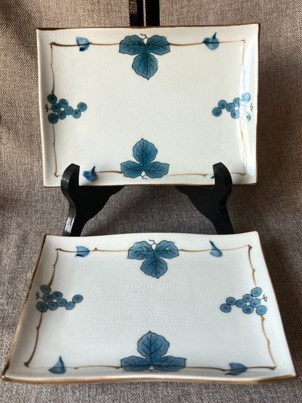 Vintage Set of Two Grape Leaf Design Ceramic Dish Sushi Tray Rectangular, EUC